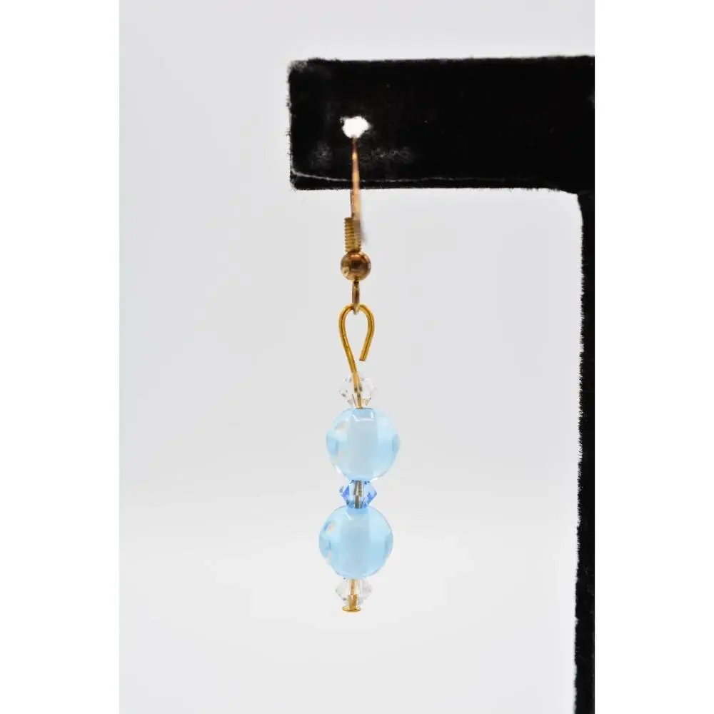 Dangle Beaded Earrings Sky Blue Happy Face Crystal Drop Round 1990s BinAA